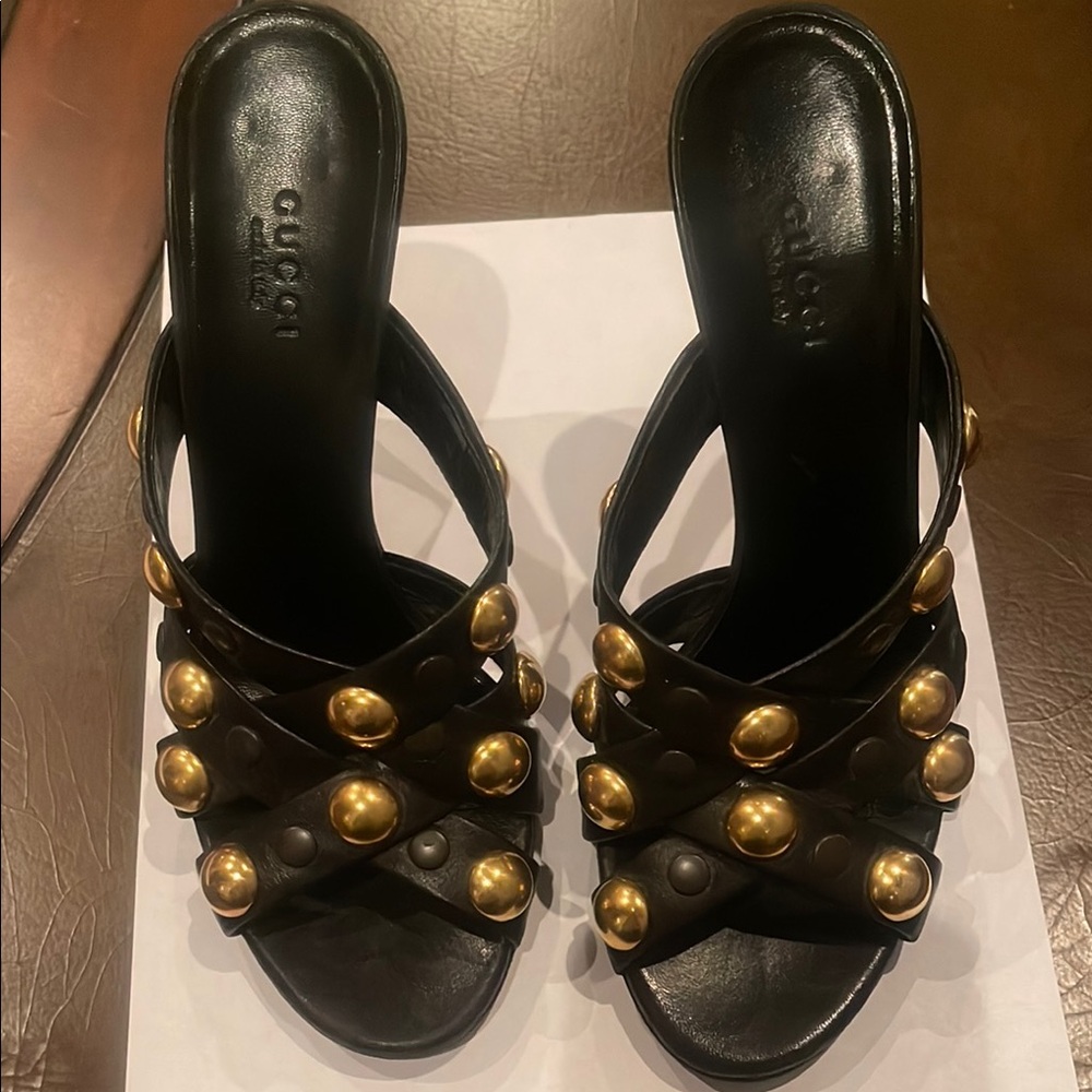 Gucci Black and Gold Studded Heels